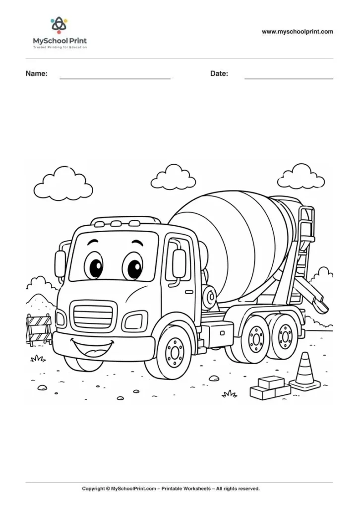 Printable cement mixer truck coloring activity for kids
