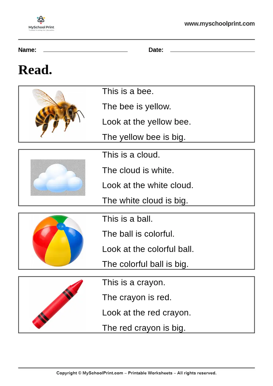 Simple English Reading Worksheet 13 for Kindergarten