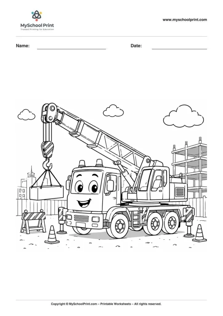 Printable crane truck coloring activity for kids