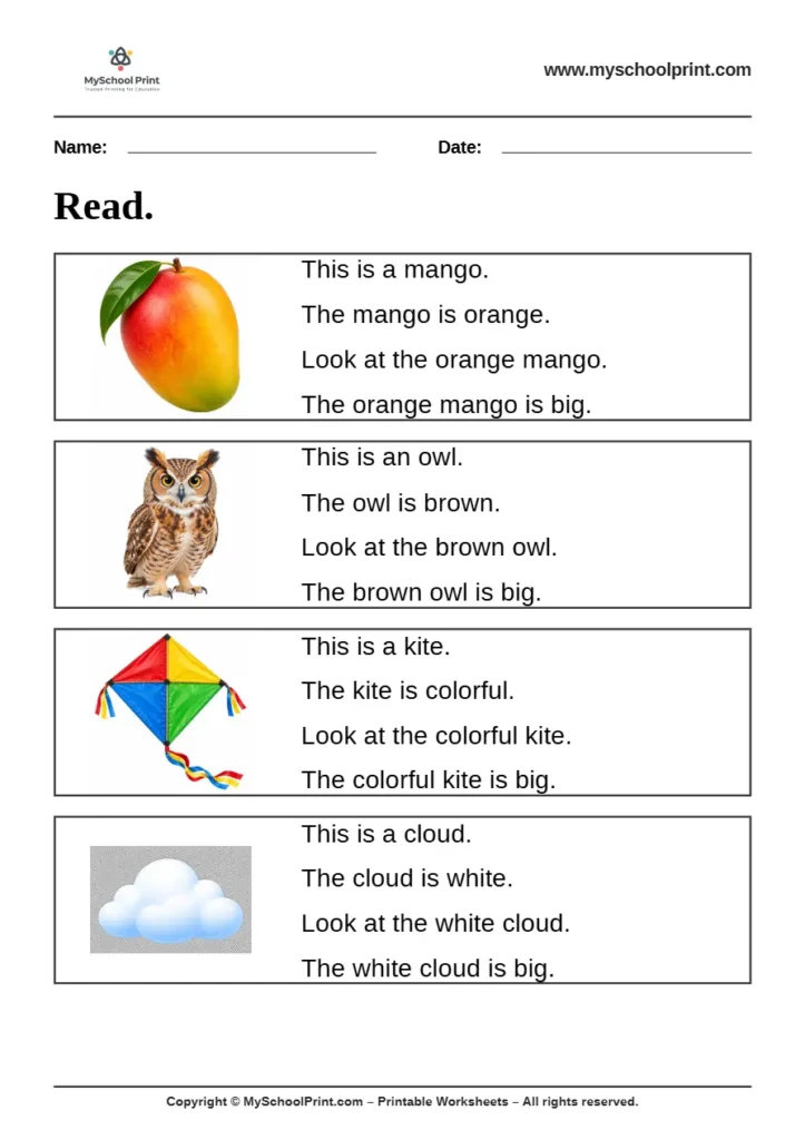 Simple English Reading Worksheet 14 for Kindergarten