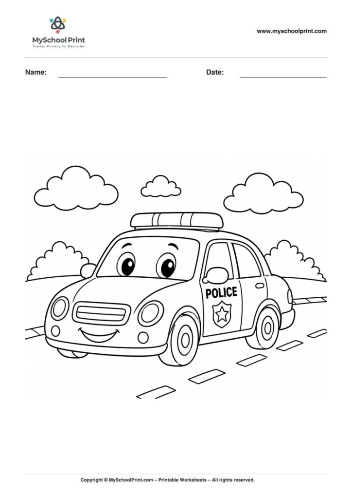 Printable police car coloring activity for kids