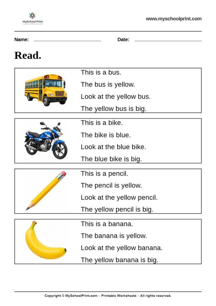 Simple English Reading Worksheet 15 for Kindergarten
