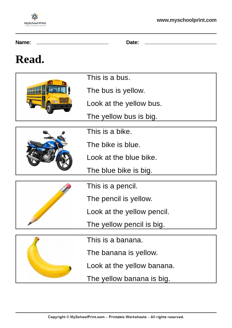 Simple English Reading Worksheet 15 for Kindergarten