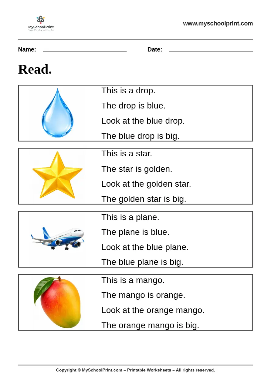 Simple English Reading Worksheet 16 for Kindergarten