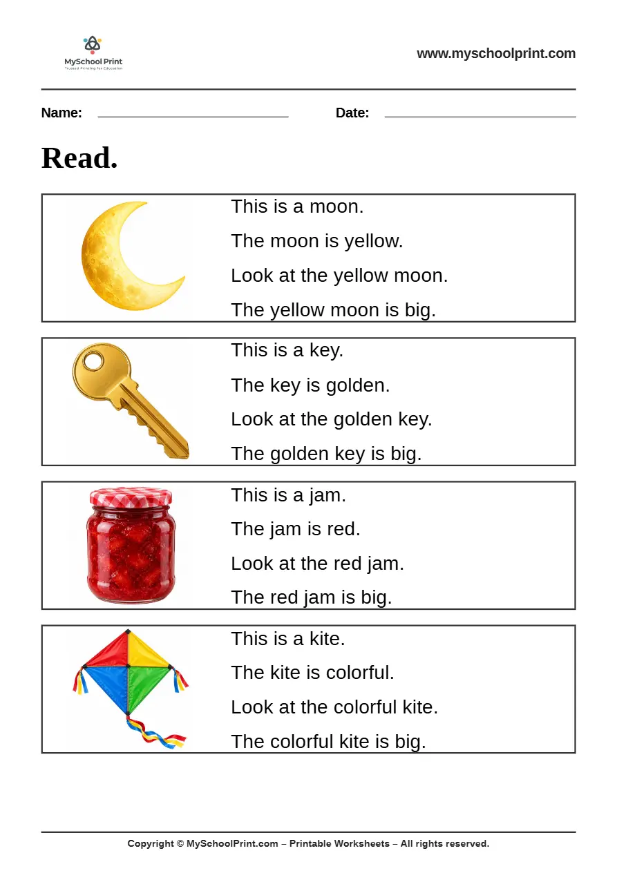 Simple English Reading Worksheet 17 for Kindergarten