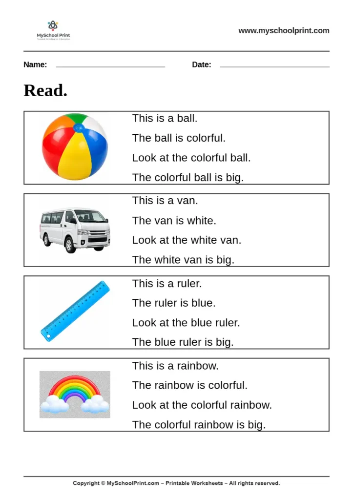 Simple English Reading Worksheet 18 for Kindergarten