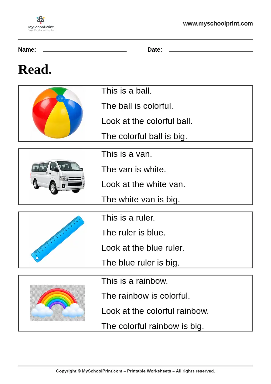 Simple English Reading Worksheet 18 for Kindergarten