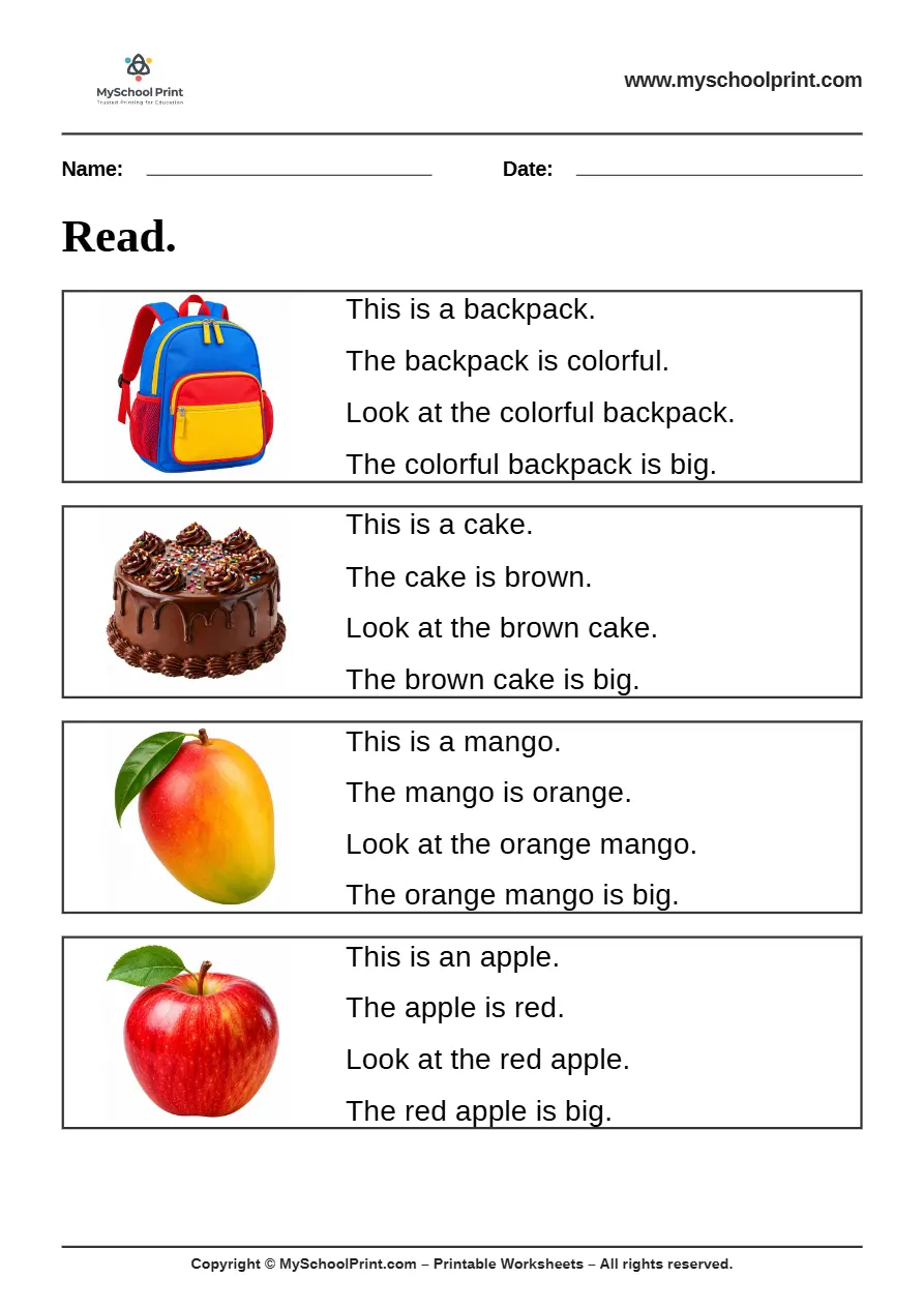 Simple English Reading Worksheet 19 for Kindergarten