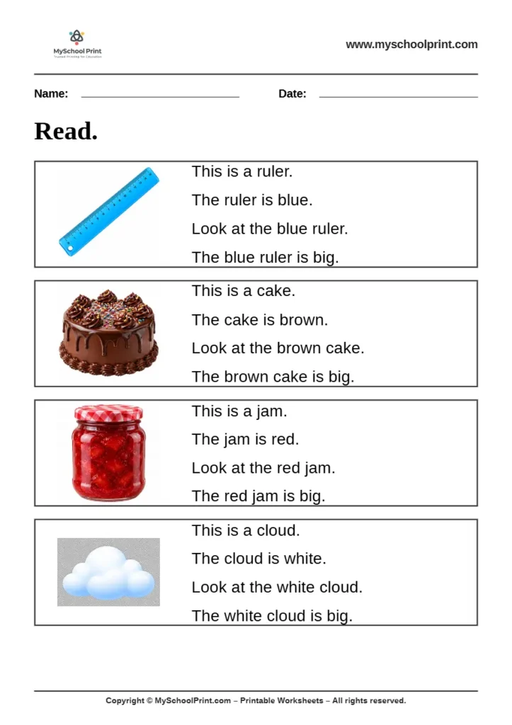Simple English Reading Worksheet 20 for Kindergarten