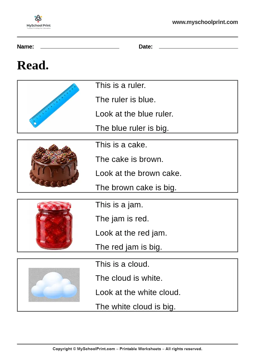 Simple English Reading Worksheet 20 for Kindergarten