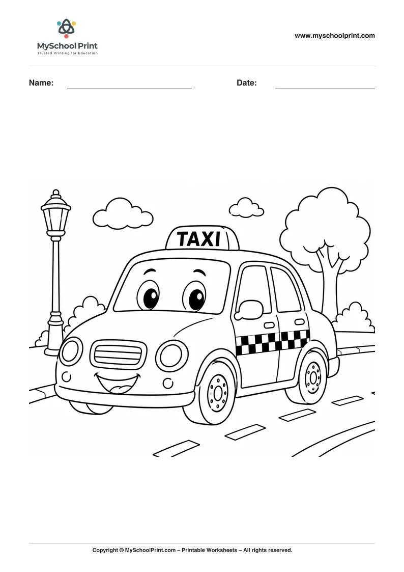 Printable taxi coloring activity for kids