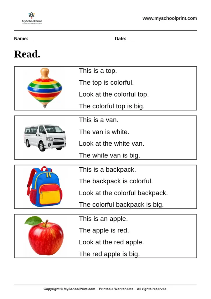Simple English Reading Worksheet 22 for Kindergarten