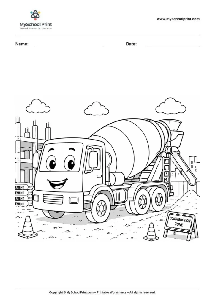 Printable construction cement mixer coloring activity