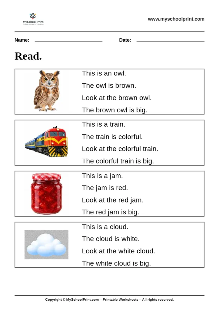 Simple English Reading Worksheet 23 for Kindergarten