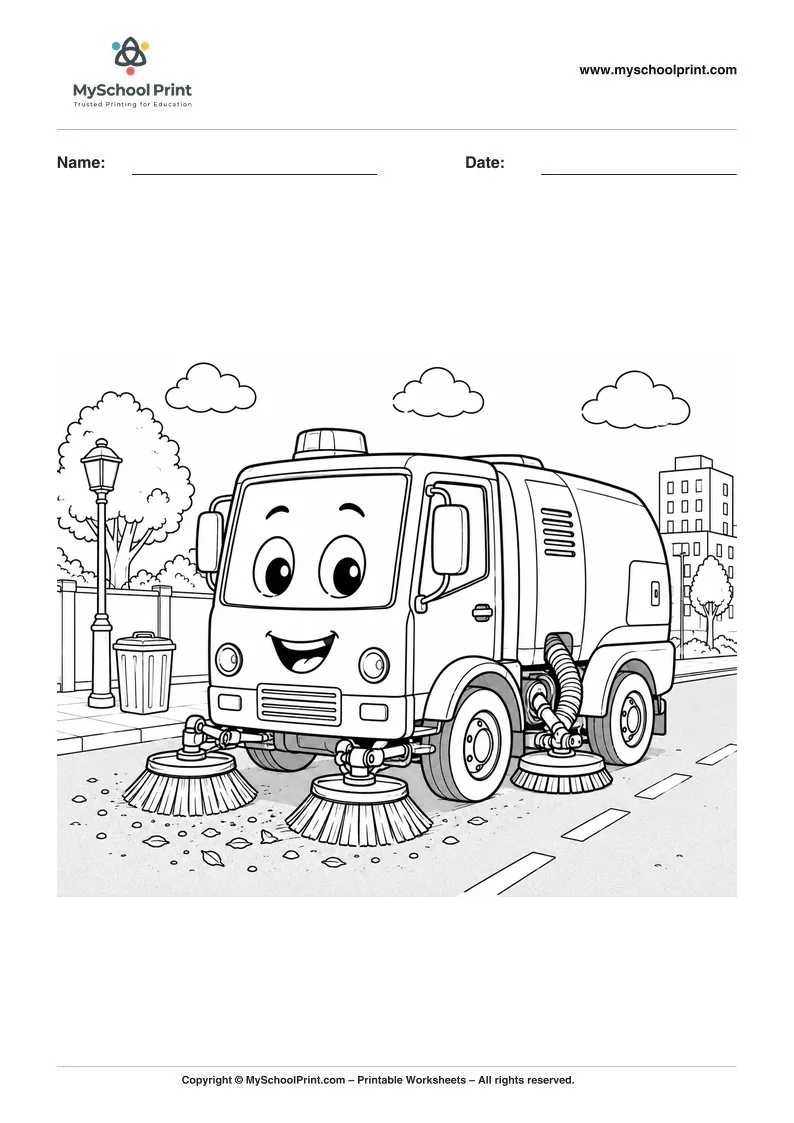 Printable street sweeper coloring activity for kids