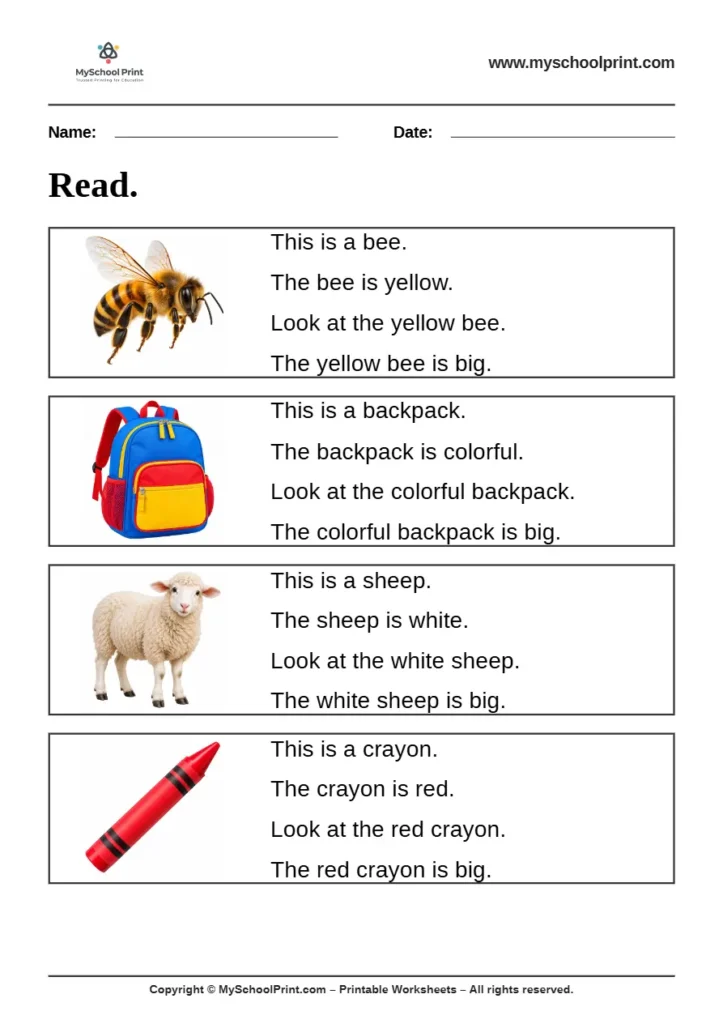 Simple English Reading Worksheet 24 for Kindergarten