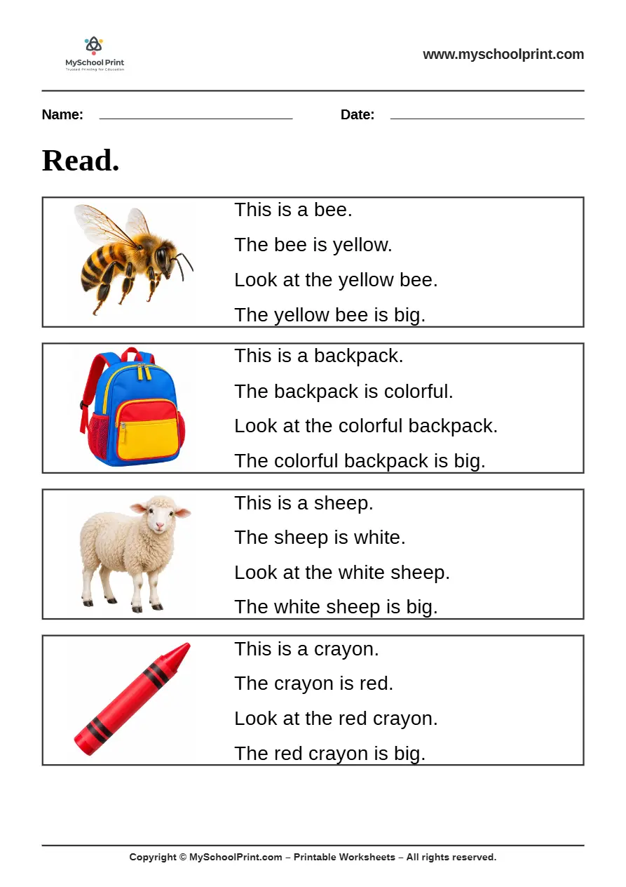 Simple English Reading Worksheet 24 for Kindergarten