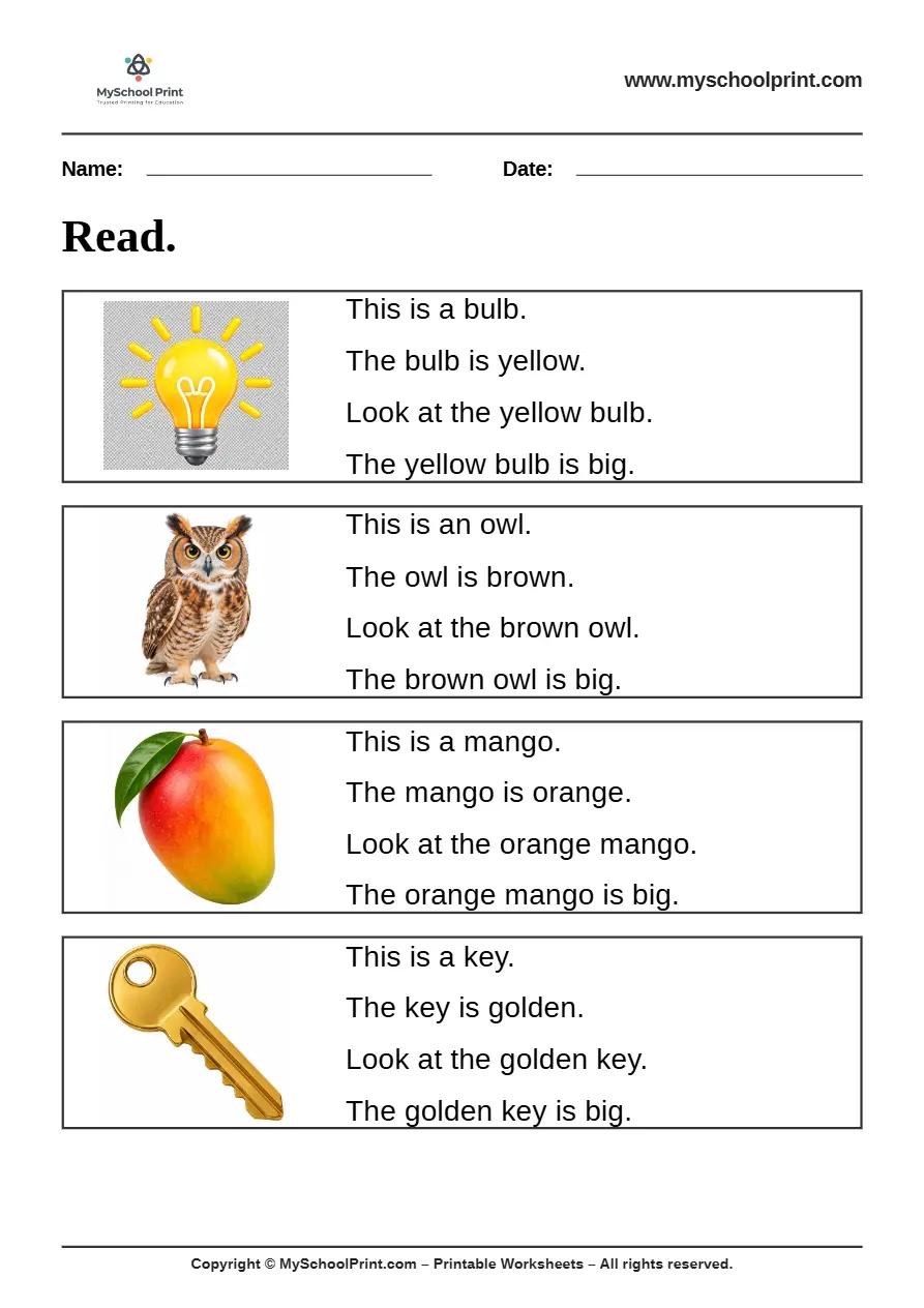 Simple English Reading Worksheet 26 for Kindergarten