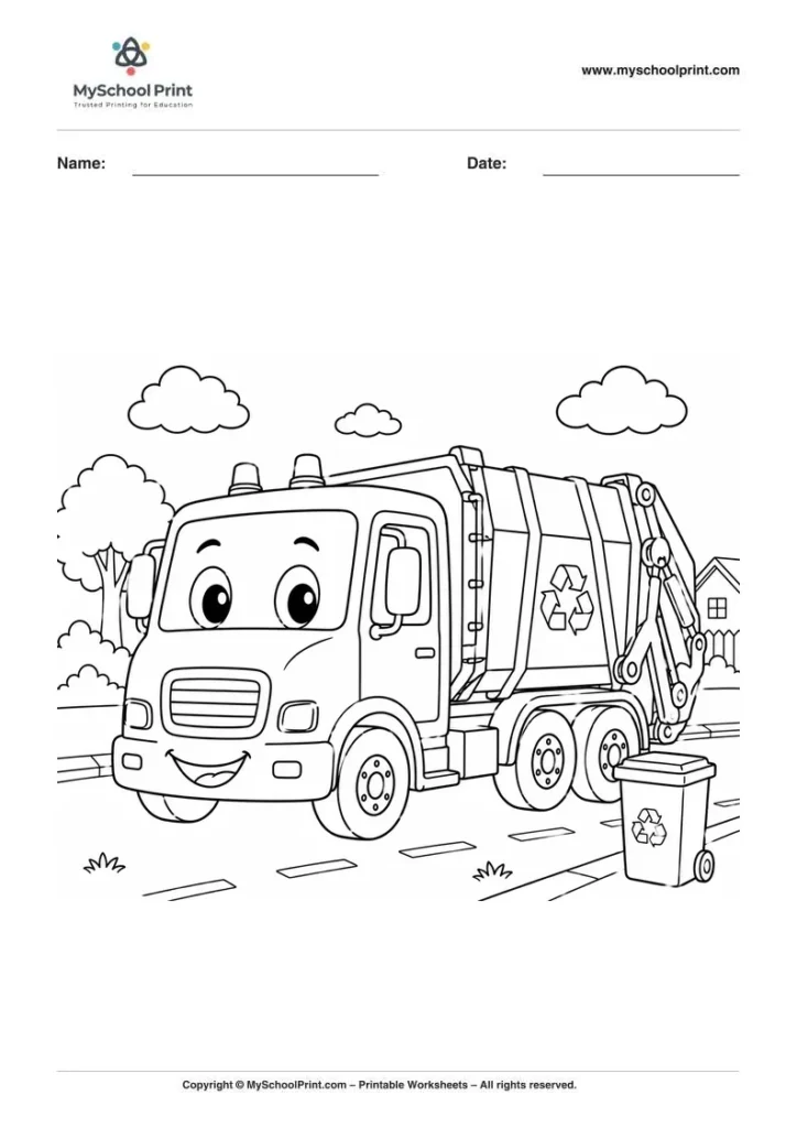 Printable garbage truck coloring activity for kids