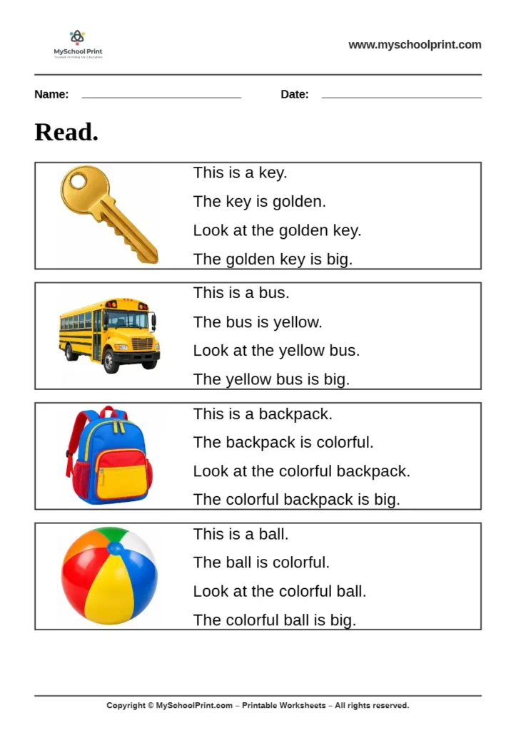 Simple English Reading Worksheet 27 for Kindergarten