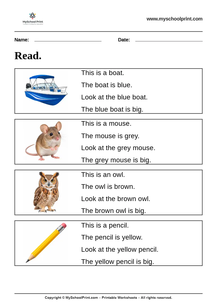 Simple English Reading Worksheet 28 for Kindergarten
