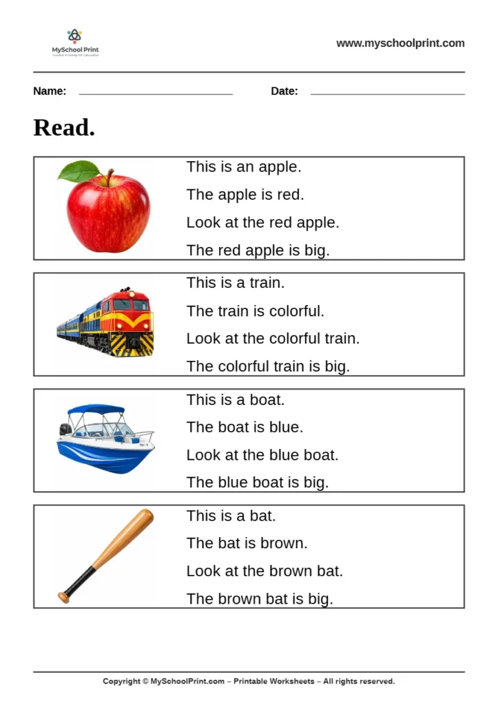 Simple English Reading Worksheet 29 for Kindergarten