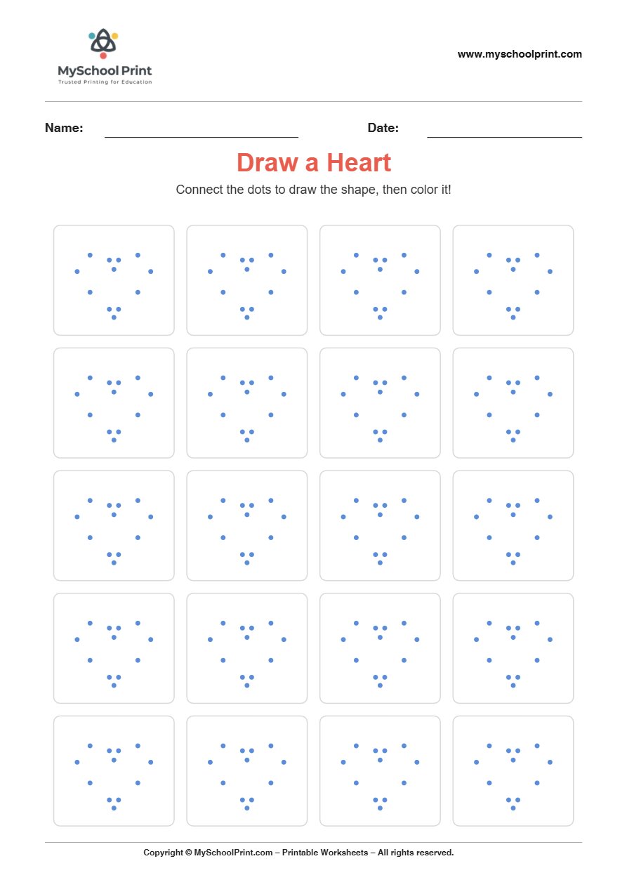 2d draw heart worksheet for kids