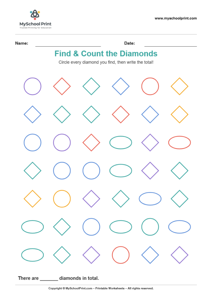 2d findcount diamond worksheet for kindergarten kids