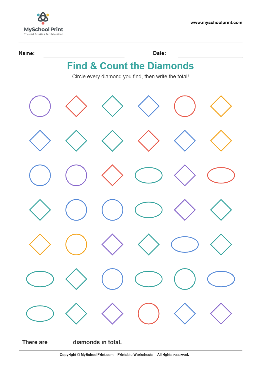2d findcount diamond worksheet for kindergarten kids