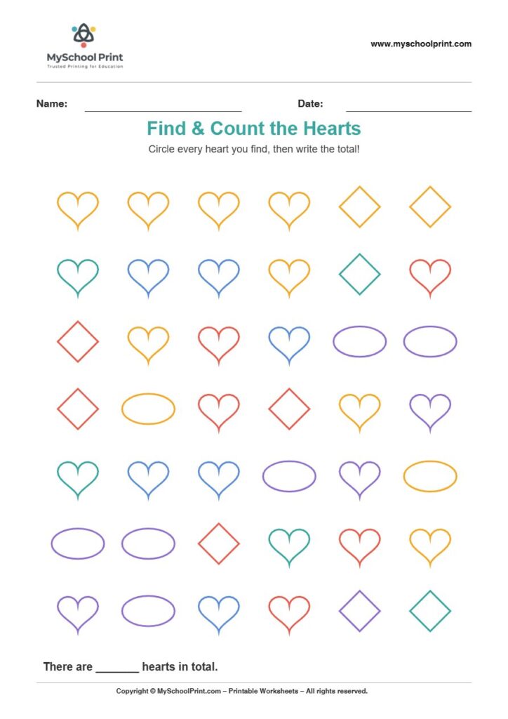 2d findcount heart worksheet for kids