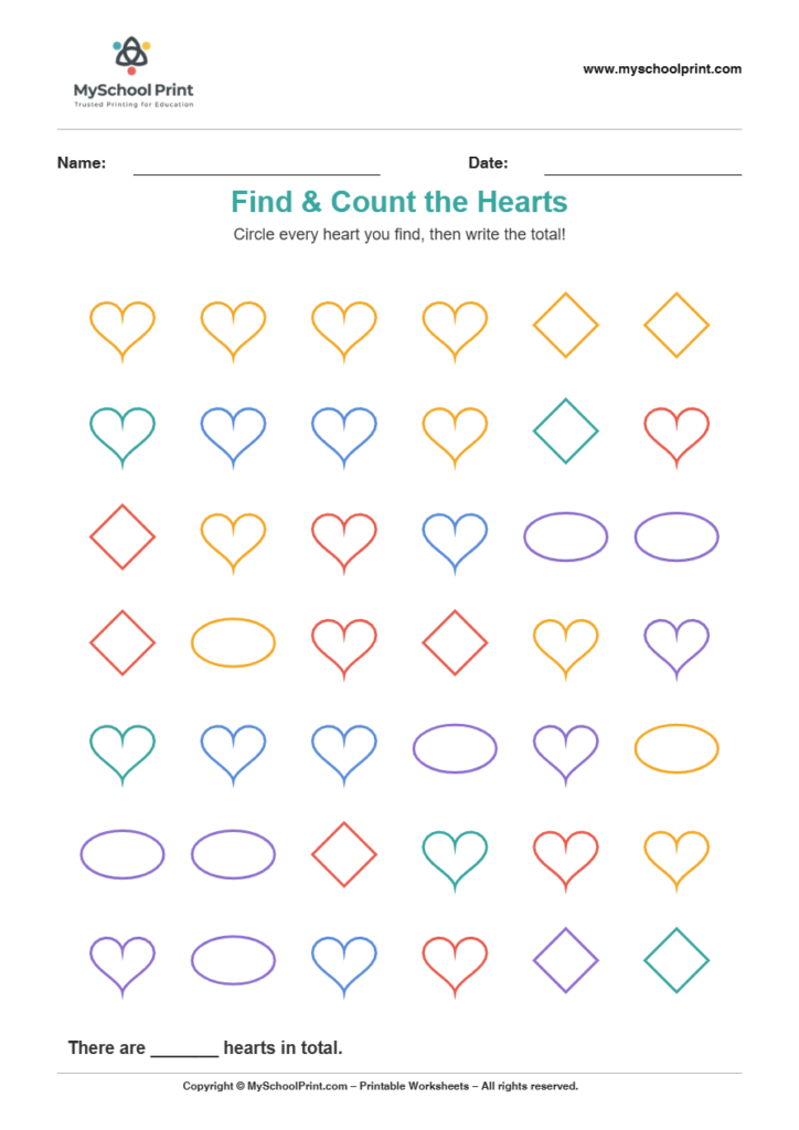 2d findcount heart worksheet for kindergarten kids