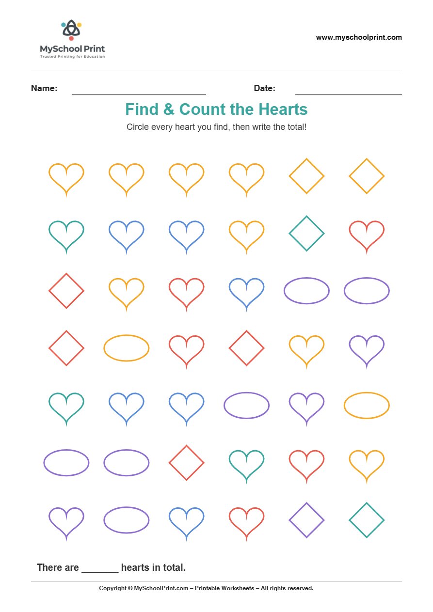 2d findcount heart worksheet for kids