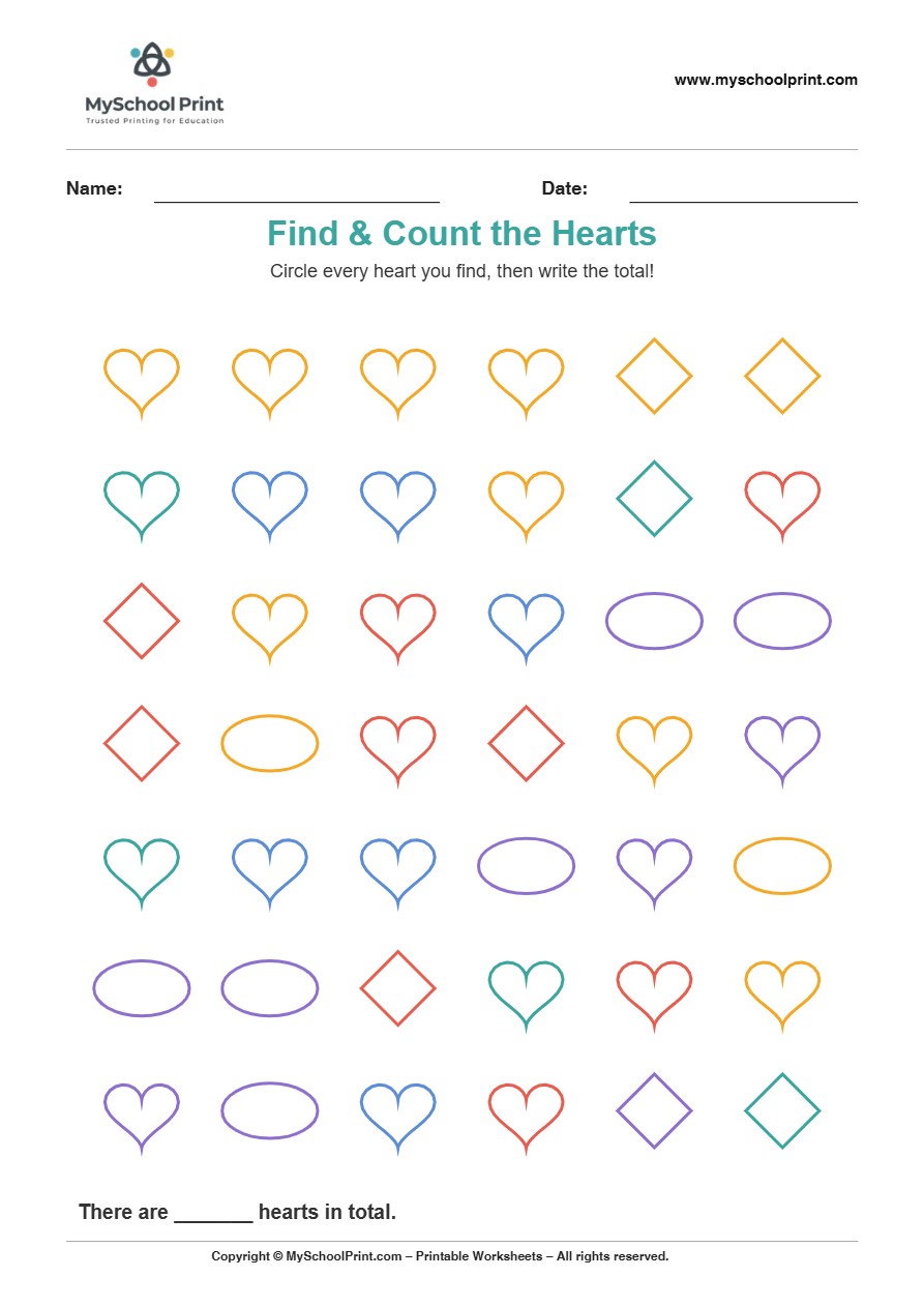 2d findcount heart worksheet for kindergarten kids