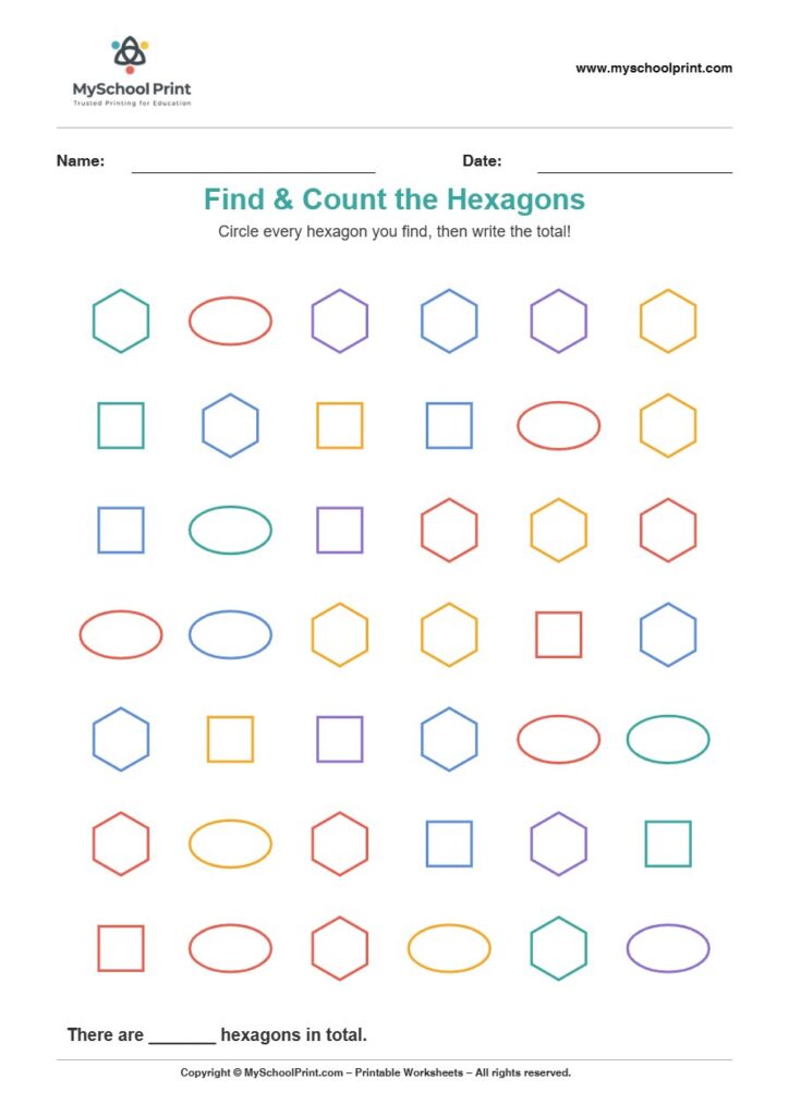 2d findcount hexagon worksheet for kids