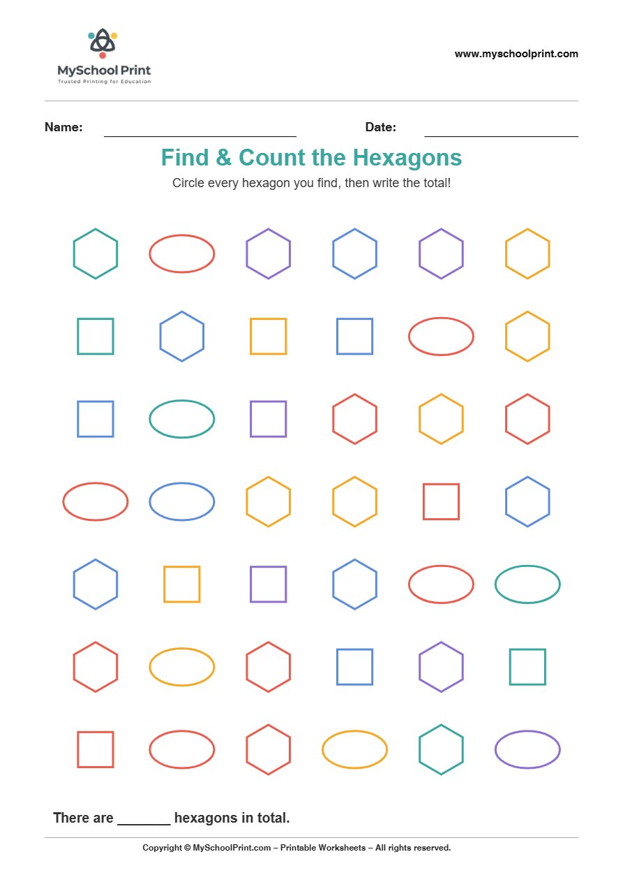 2d findcount hexagon worksheet for kids