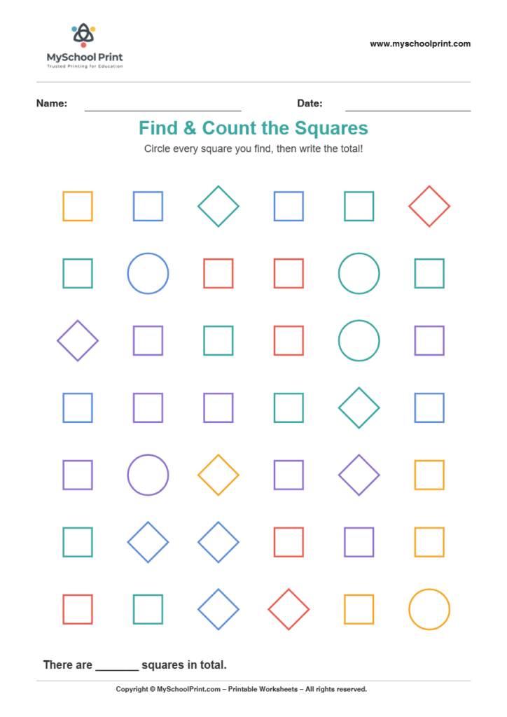 2d findcount square worksheet for kindergarten kids