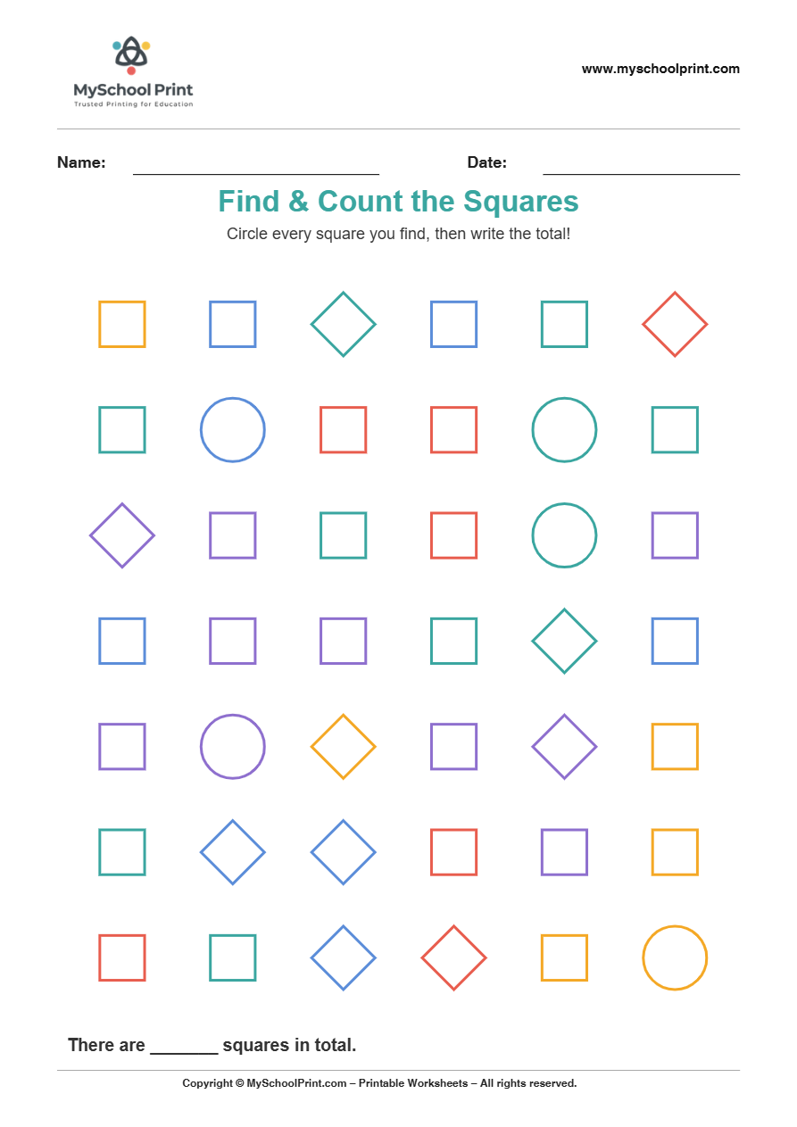 2d findcount square worksheet for kindergarten kids