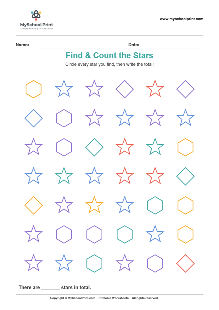 2d findcount star worksheet for kindergarten kids