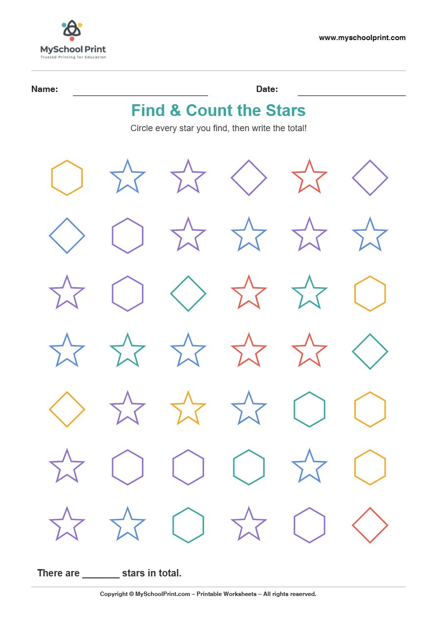 2d findcount star worksheet for kids