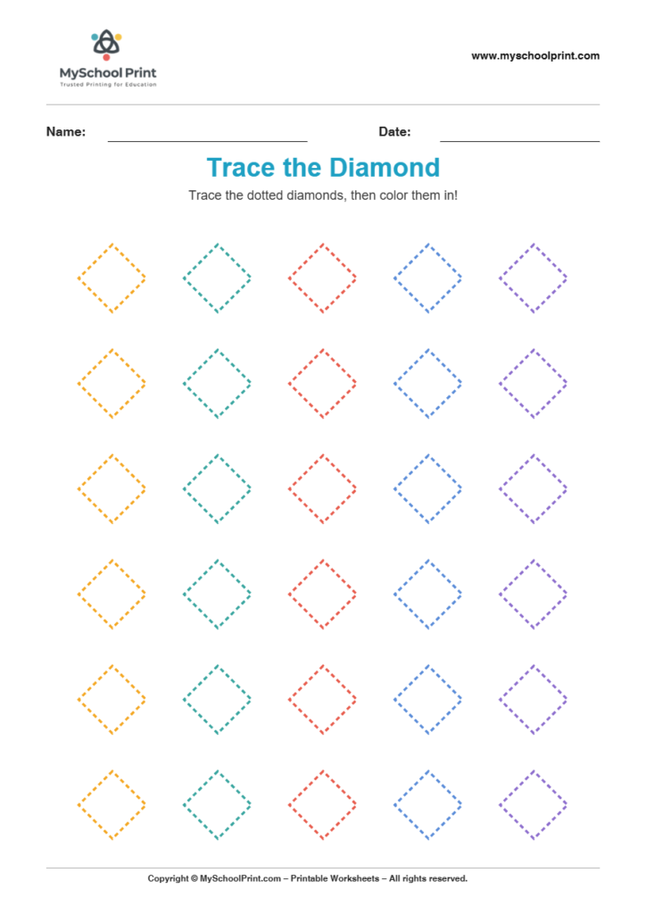 2d trace diamond worksheet for kindergarten kids