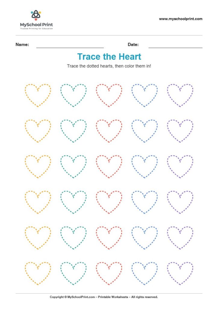 2d trace heart worksheet for kids