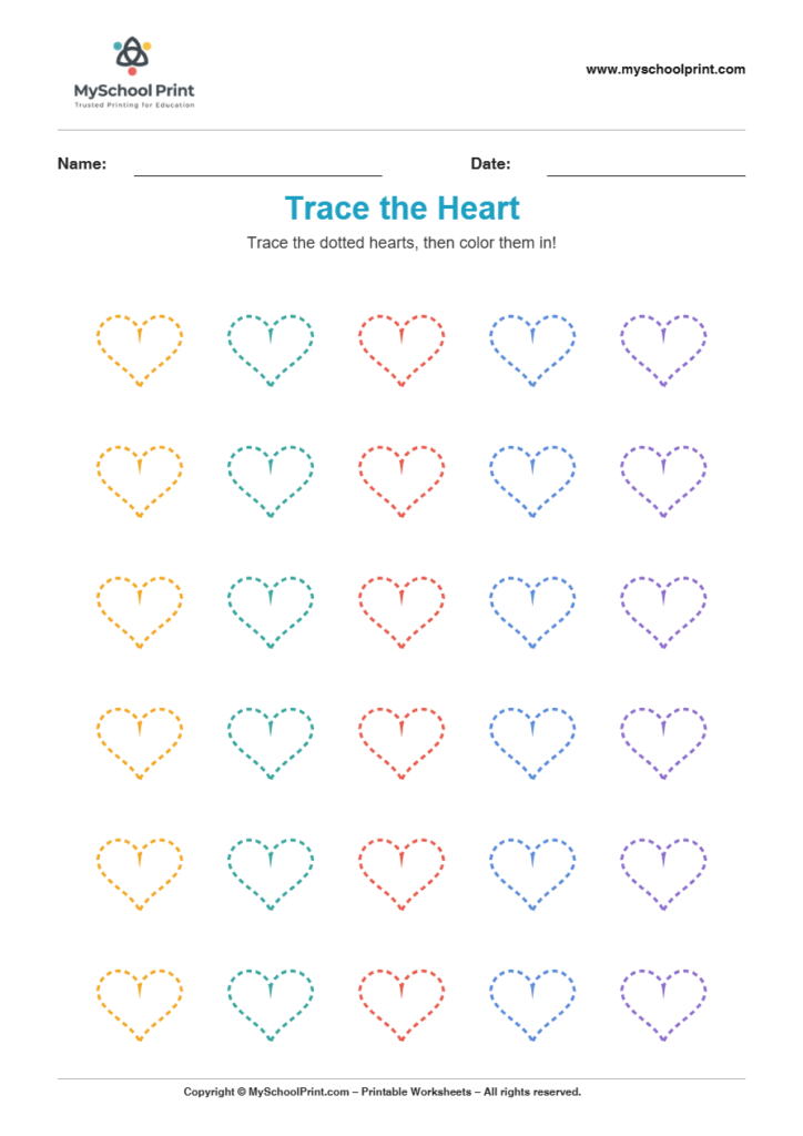 2d trace heart worksheet for kindergarten kids