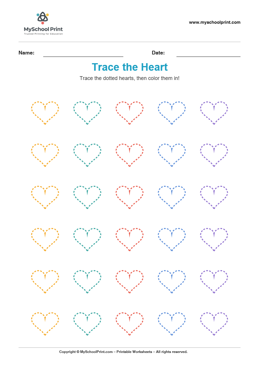 2d trace heart worksheet for kindergarten kids
