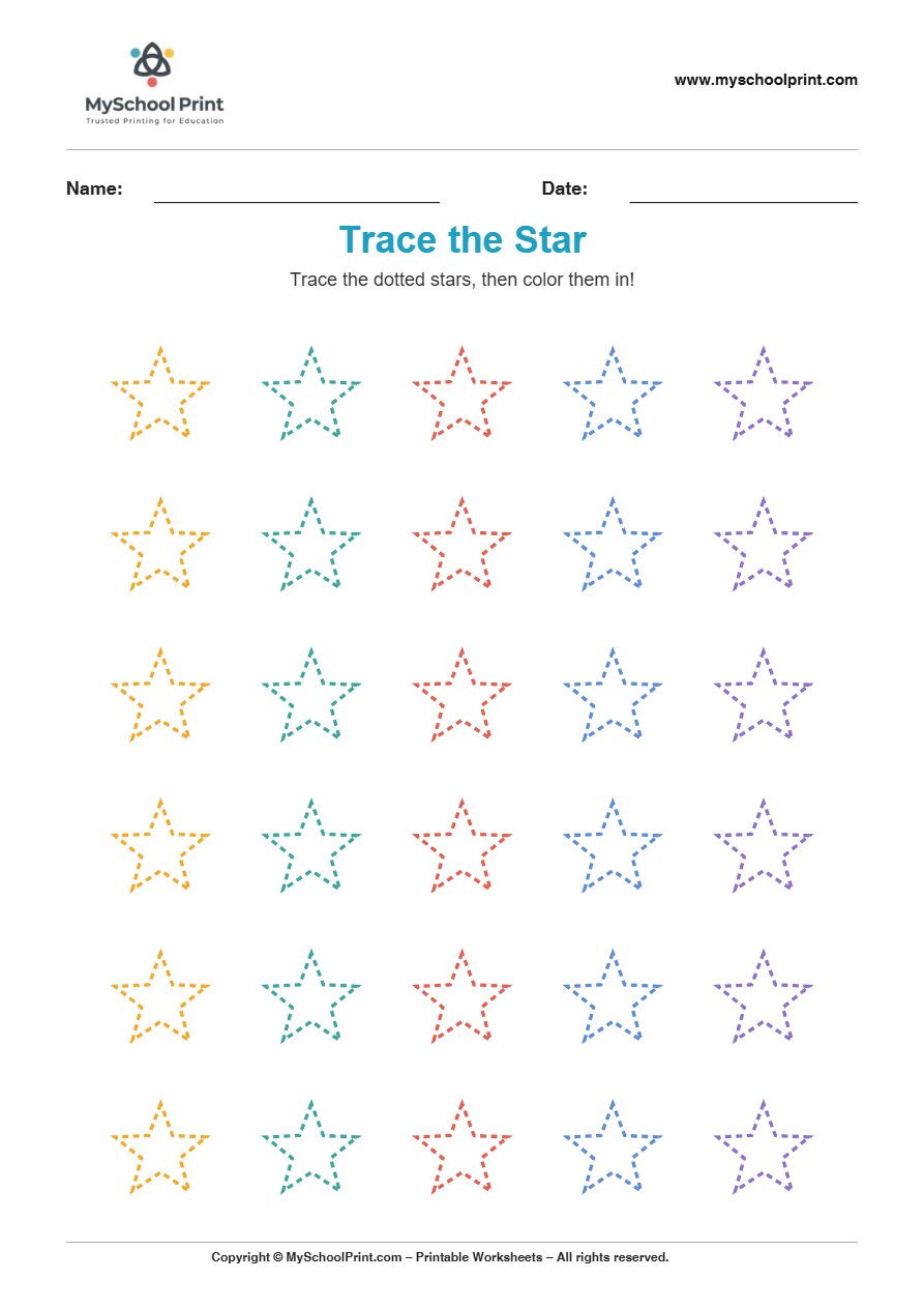 2d trace star worksheet for kids