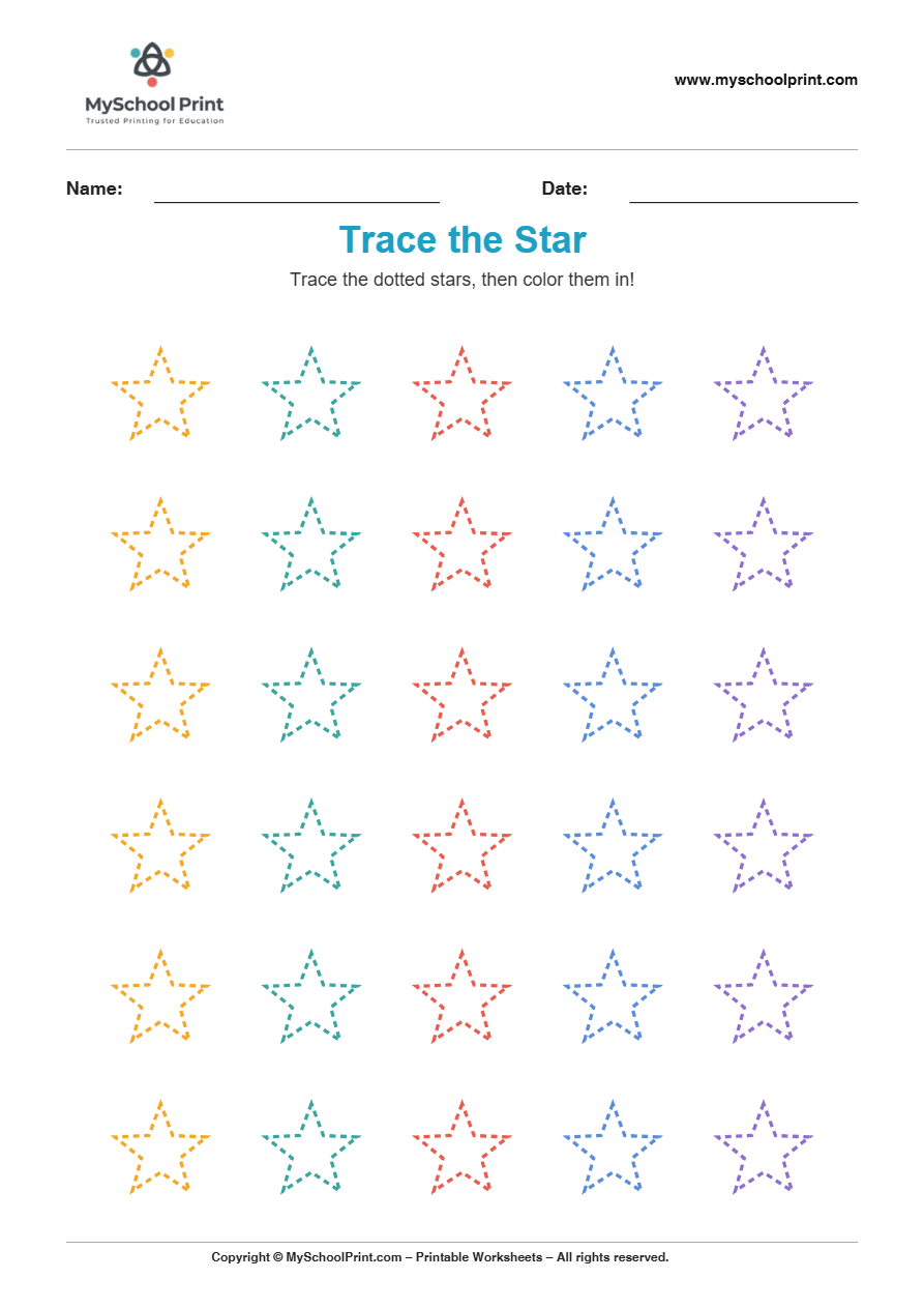 2d trace star worksheet for kindergarten kids