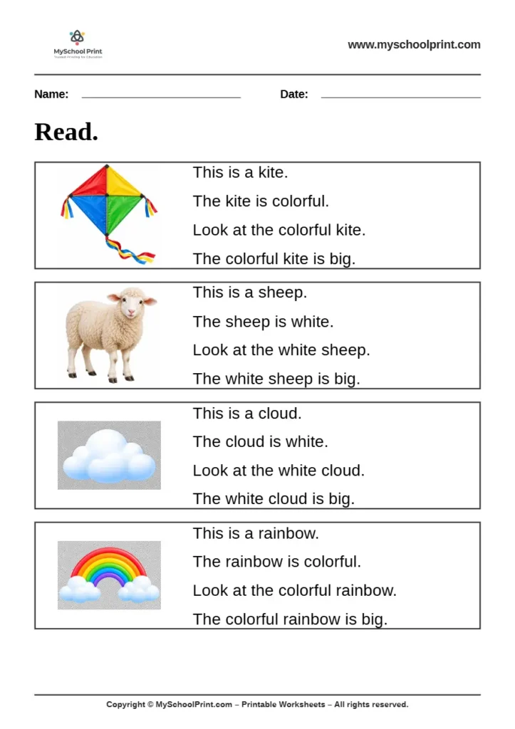 Simple English Reading Worksheet 32 for Kindergarten