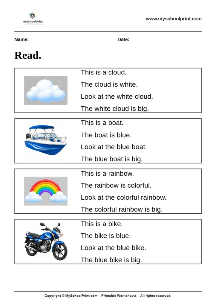Simple English Reading Worksheet 33 for Kindergarten
