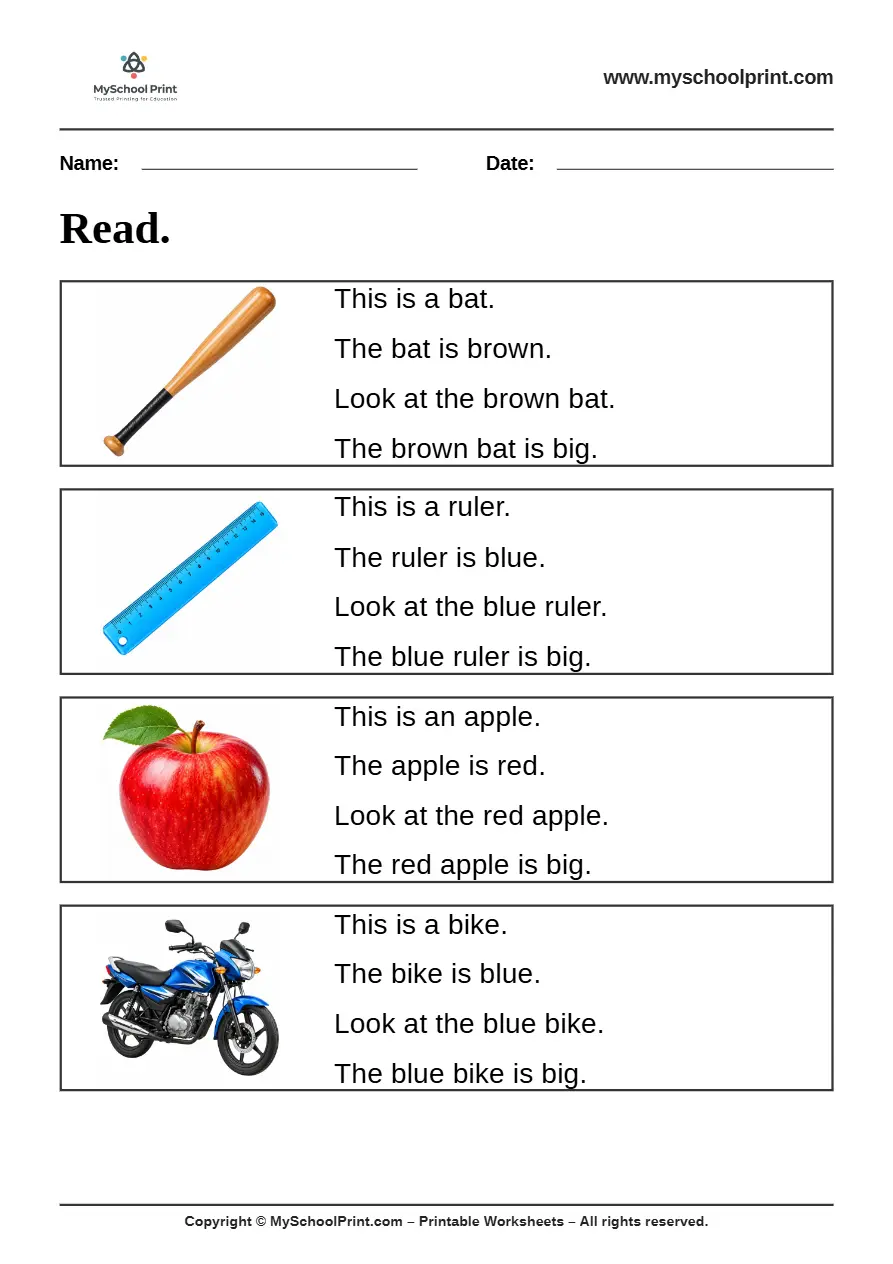 Simple English Reading Worksheet 34 for Kindergarten