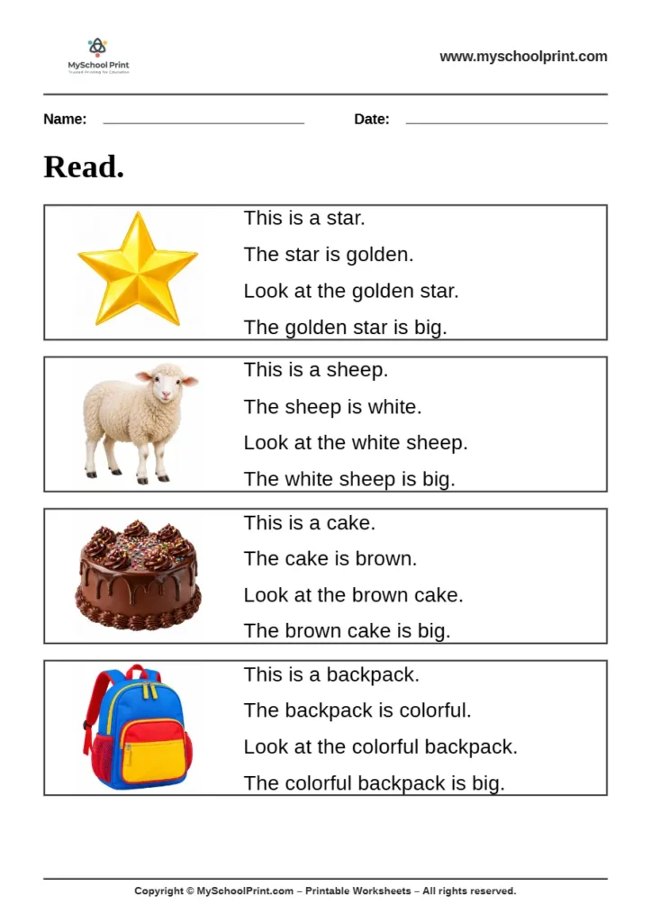 Simple English Reading Worksheet 35 for Kindergarten