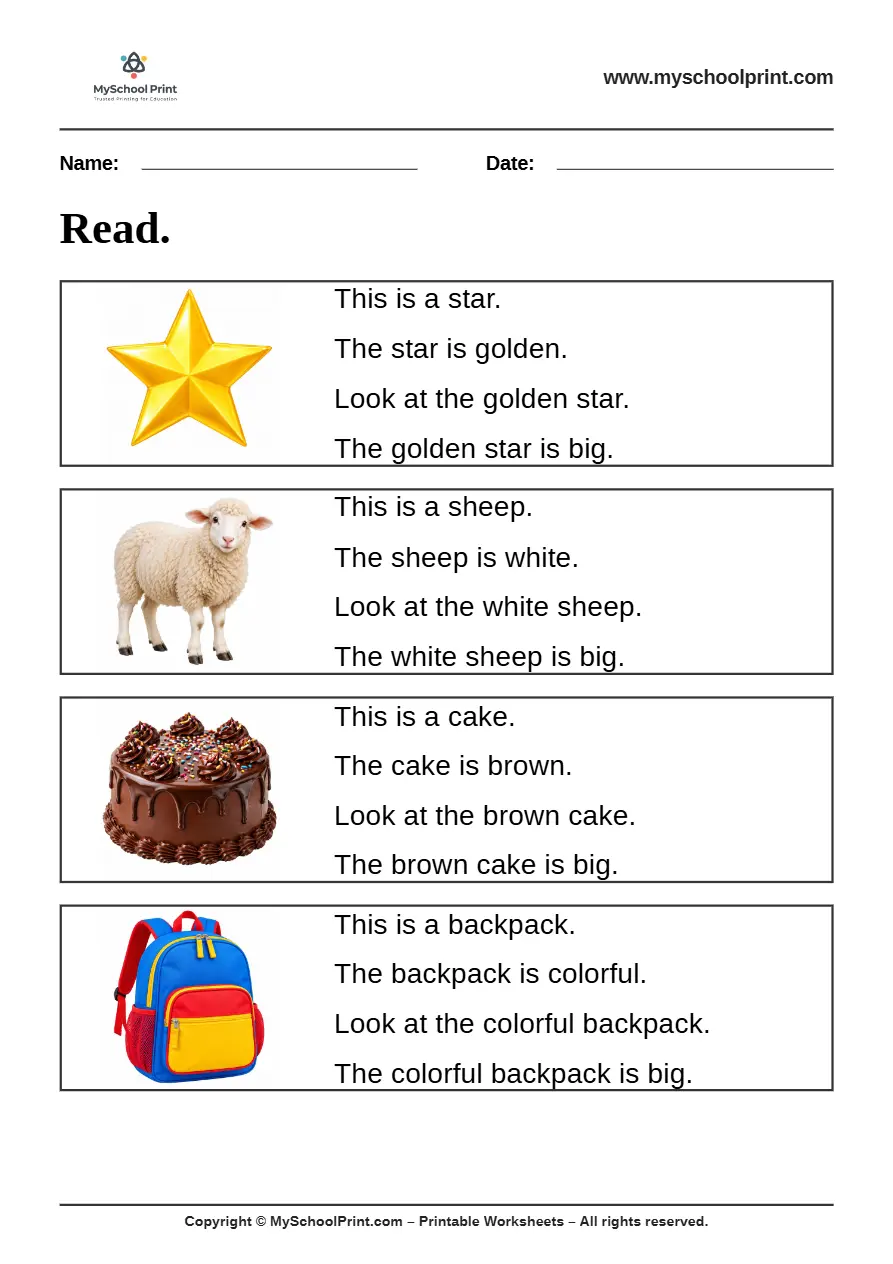 Simple English Reading Worksheet 35 for Kindergarten